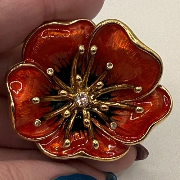 Vintage Monet Poppy Brooch β’ Red-Orange Enamel + Rhinestones β’ 2β β’ Signed - Picture 16 of 16